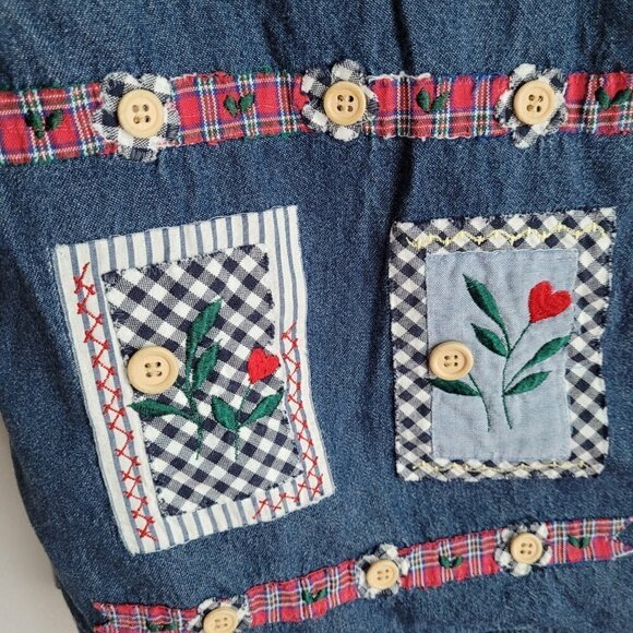 Vintage Denim Quilted Patchwork Floral Embroidered 90s Y2K Vest Jacket - Picture 7 of 9